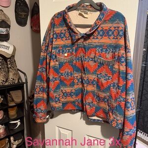 Savanna Jane Red and Blue Jean Jacket with Geometric Print